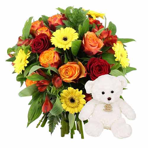 Dazzling Mixed Flowers Bouquet with Cute Teddy