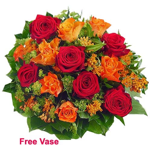 Sweet Emotions Red N Orange Roses Arrangement with Vase