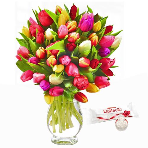 Attractive Tulips Bouquet with Vase N Chocolates