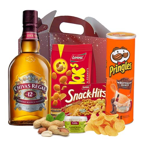 Extraordinary Snacks Time Gift Basket of Whisky