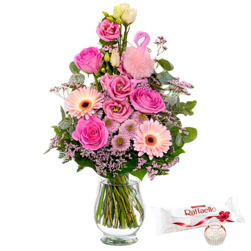 Charming Pink Floral Arrangement with Ferrero N Vase