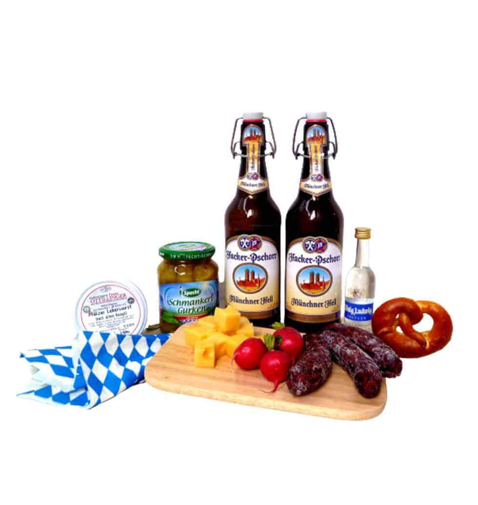 The Bavarian gift basket is filled with everything needed to enjoy a Bavarian sn...