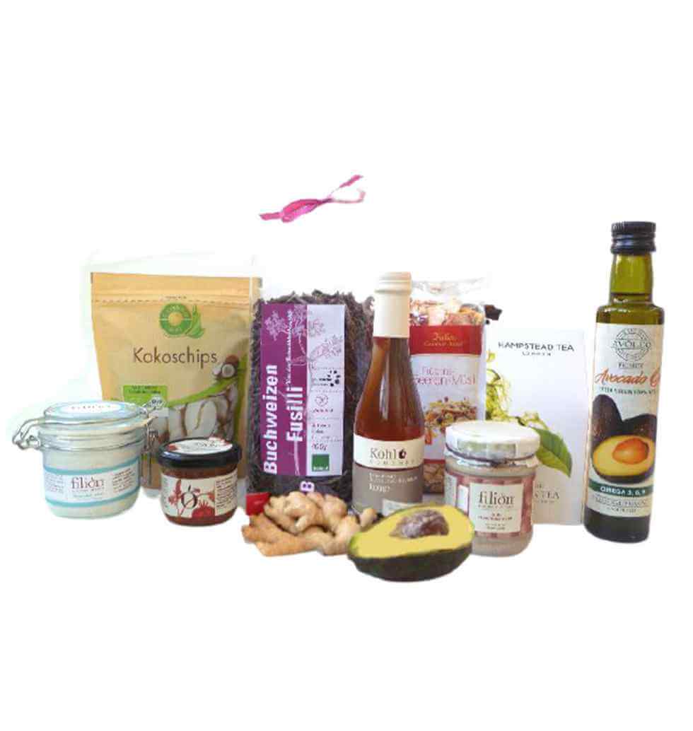 This plant-based gift basket promotes healthiness....