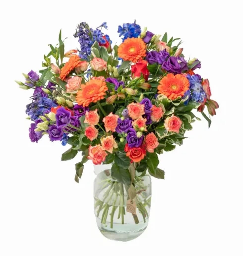 A modern bouquet of flowers in purple, blue, and o......  to Kiel