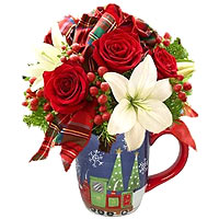 New Year ceramic mug with red roses, white lillioum, hypericum and various folia...