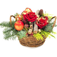 Basket with flowers red roses, safari, thuja and period features. Send flowers t...