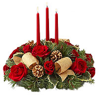 Runner composition with three red candles in the center Venetian for the table w...