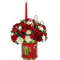 New Year ceramic pot with red roses, hypericum, chrysanthemums Dutch, decorative...