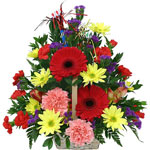 A colourful flower arrangement in a dish/in a bask...