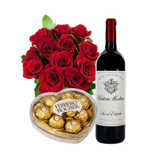 Dark Red Roses of Bouquet with French Wine and Delicious Chocolate