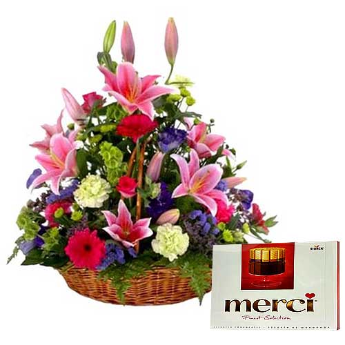 Gorgeous Collection of Seasonal Flowers with Tempting Merci Chocolates