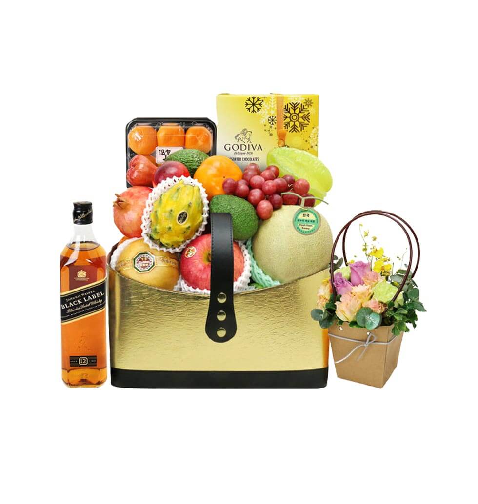 The ultimate gift basket of fruits, delicate flowe...