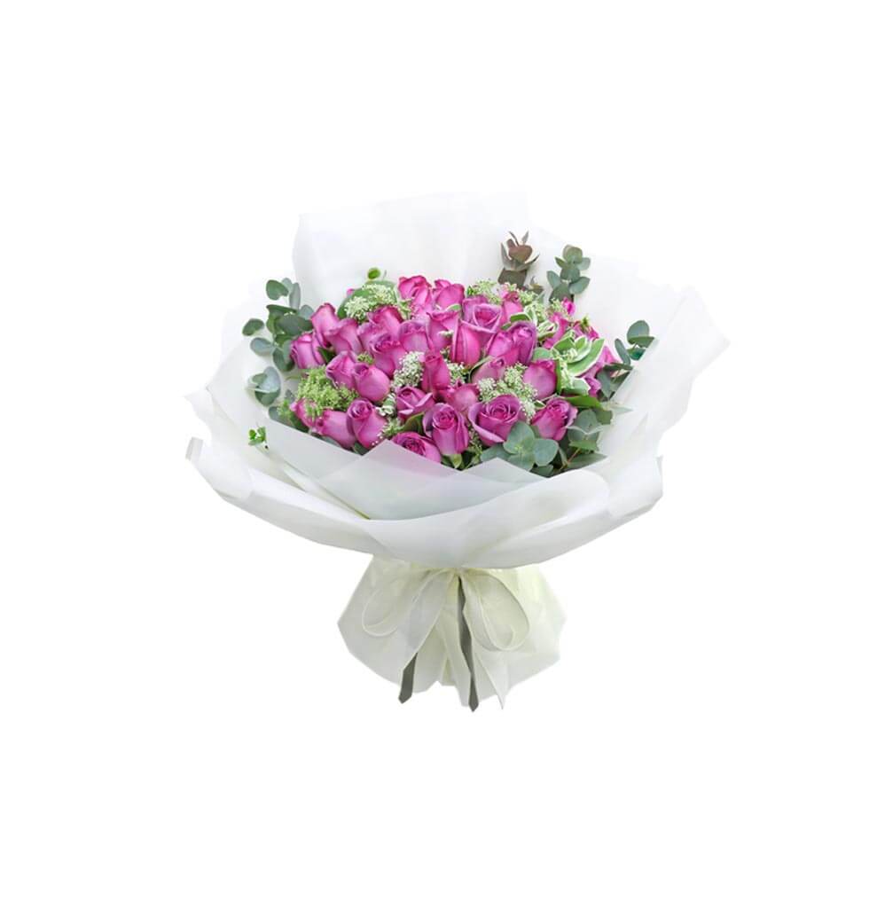 The bouquet consists of one purple rose along with stems of Ammi Majus which rep...