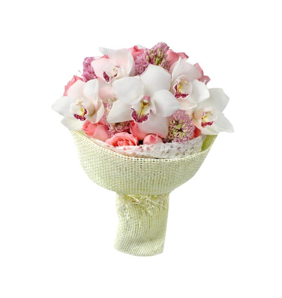 White cymbidiums in a floral arrangement