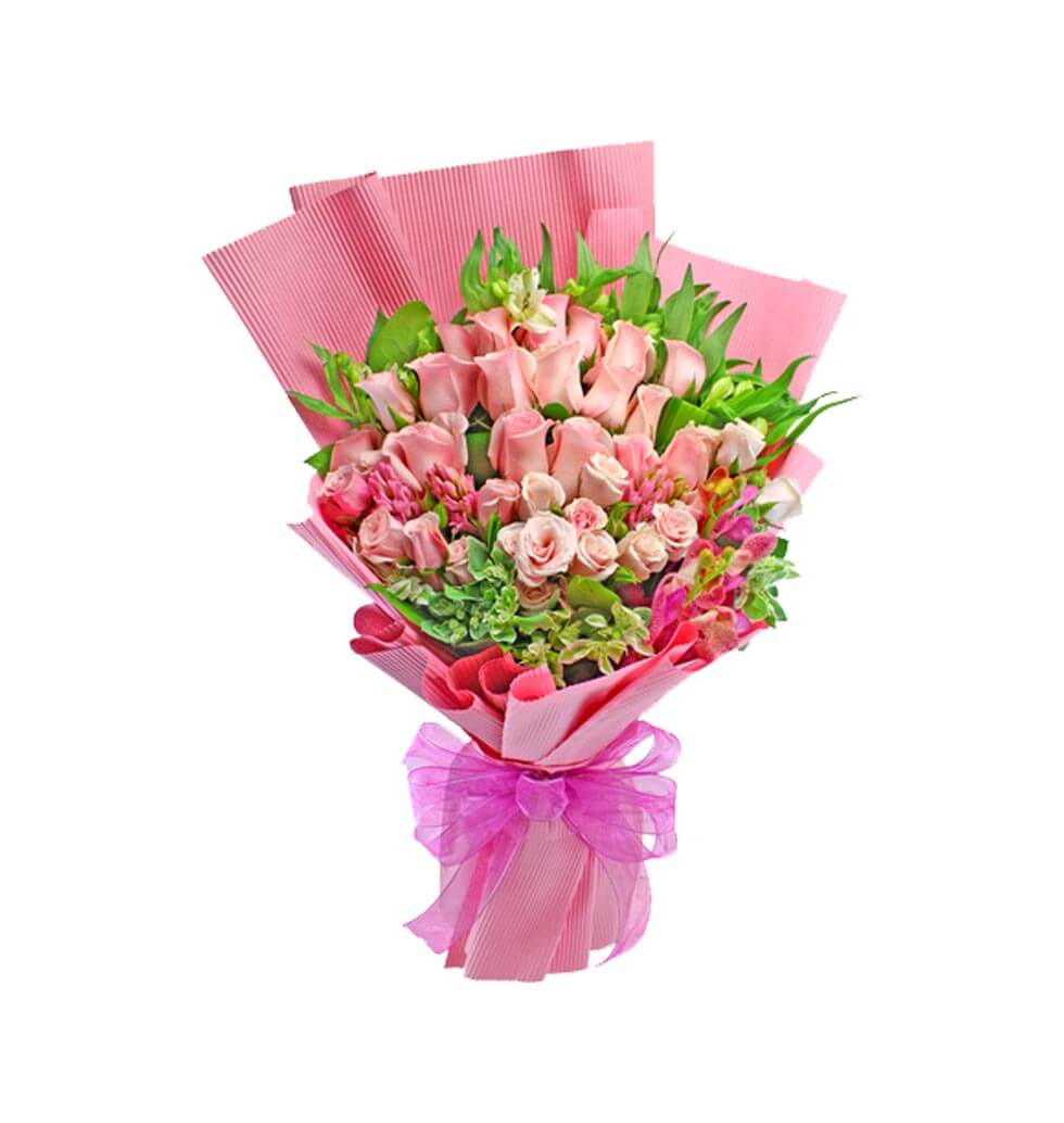 A bouquet of 18 roses made up of pink roses, mini pink roses, Pink hyacinths and...