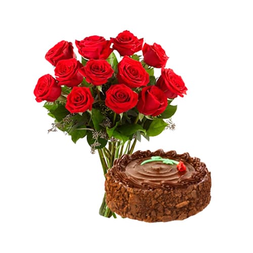 Exclusive Arrangement of Twelve Red Roses with Delicious Cake