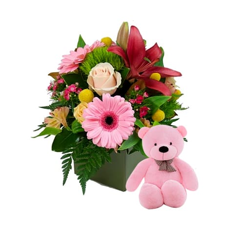 Exquisite Mixed Flower Arrangement with Bear in a Box for Celebration