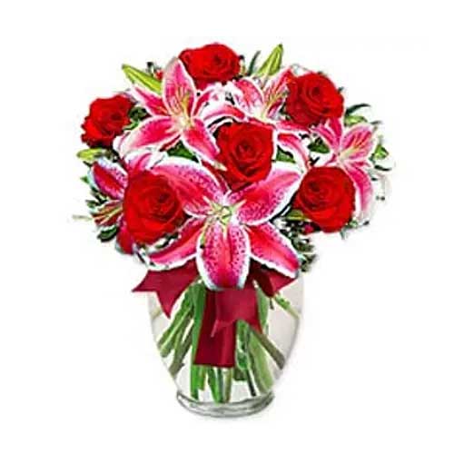 Captivating  Six Roses and Red Lily in Vase With Greeny and Match Flowers