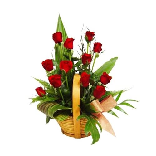 Fashionable 12 Red Roses Basket with Impressions of Love