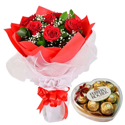 Captivating 6 Red Roses Bouquet with Ferrero Rocher Chocolates