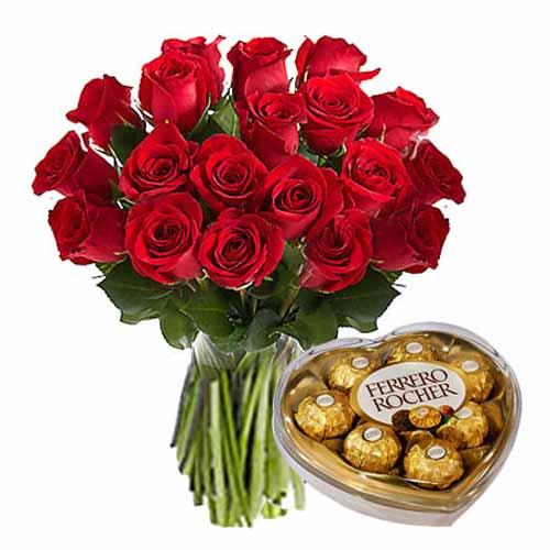 Brightly-Colored 18 Red Roses with Chocolates