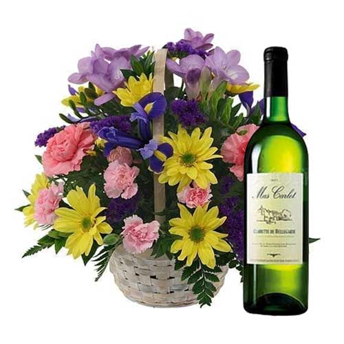 Pretty Mixed Flowers Basket with French Wine