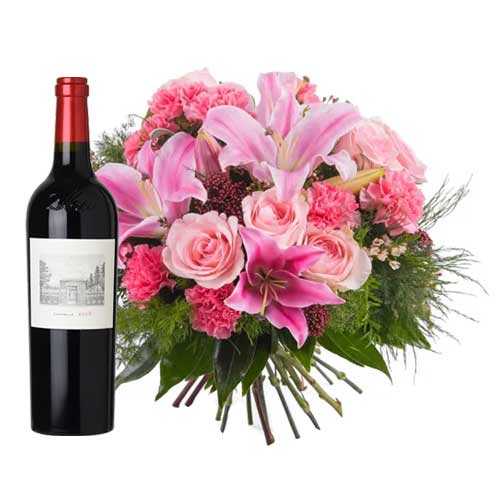 Colorful bouquet of beautiful Flowers with Exceptional  Red Wine