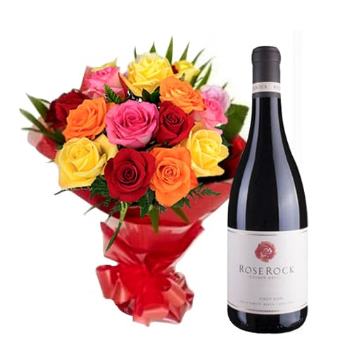 Lovely 12 Mixed Roses Bouquet N Wine Gift Combo
