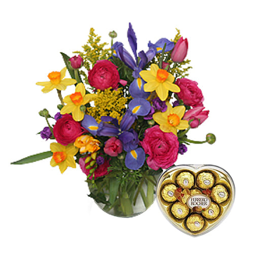 Delightful Mixed Flowers Bouquet with a Heart Shaped Box of Delicious Ferrero Rocher Chocolates