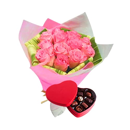 Stunning 12 Pink Roses Bouquet with a Heart shaped Red Metal Box full of Yummy Chocolates