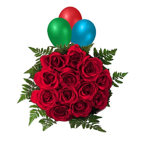 Captivating 12 Red Roses along with Colorful Balloons