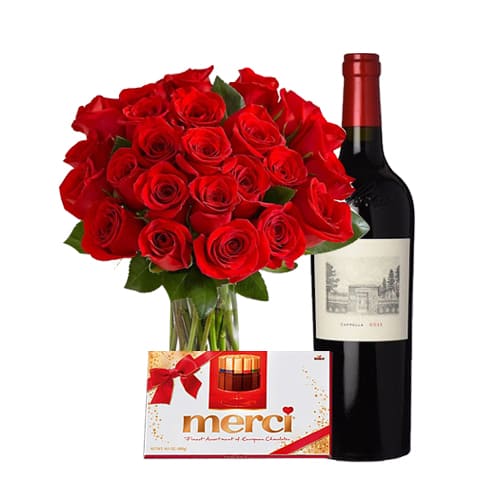 Hamper of 24 Red Roses Bouquet , Merci Assorted Chocolate box and Red Wine for Him