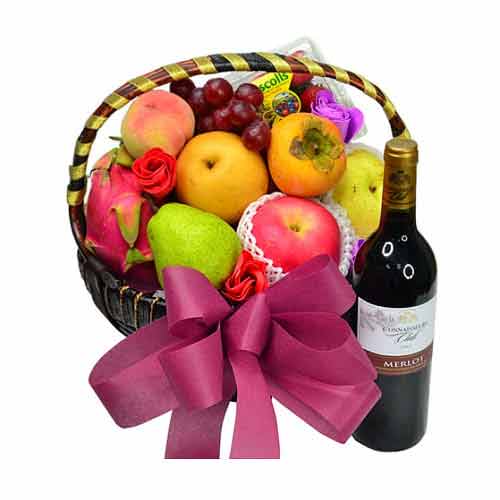 Garden-Fresh Fruits Hamper with Wine Gift