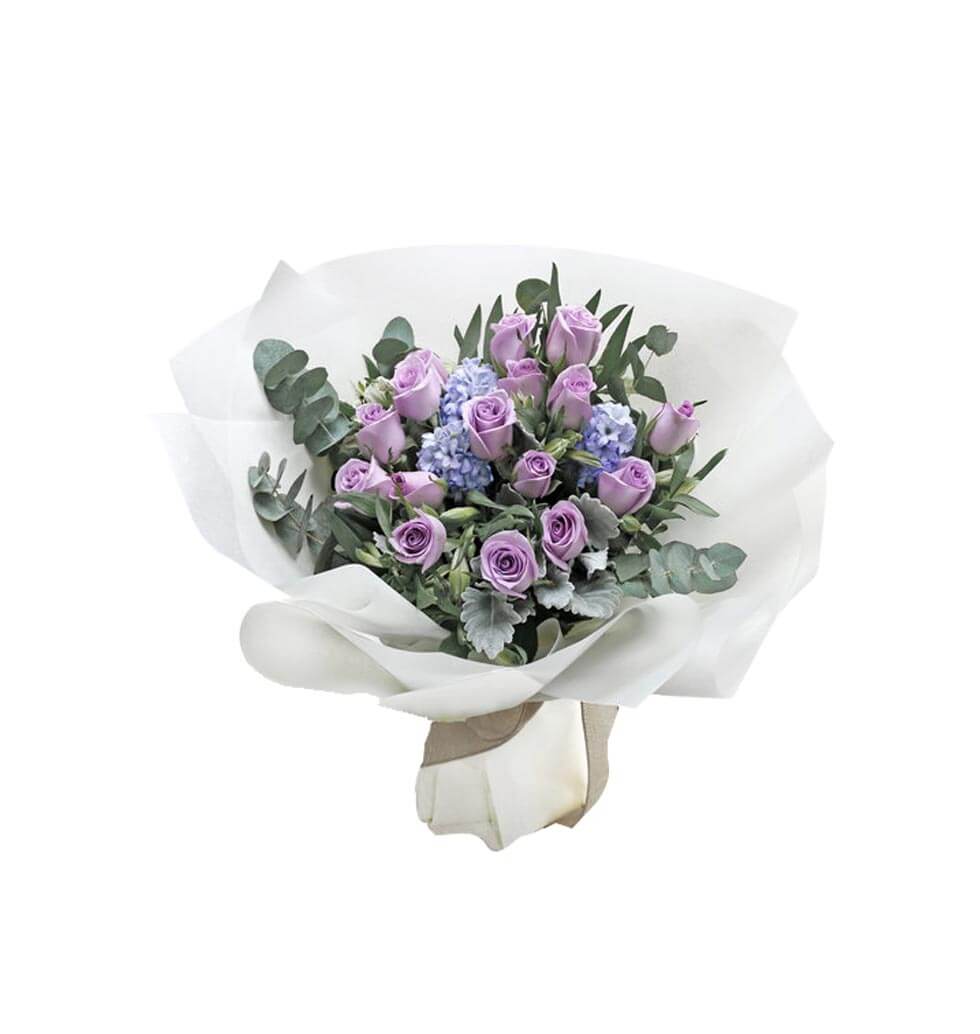 A special flower bouquet of 15 stems purple rose hyacirithus white alstroemeria ...