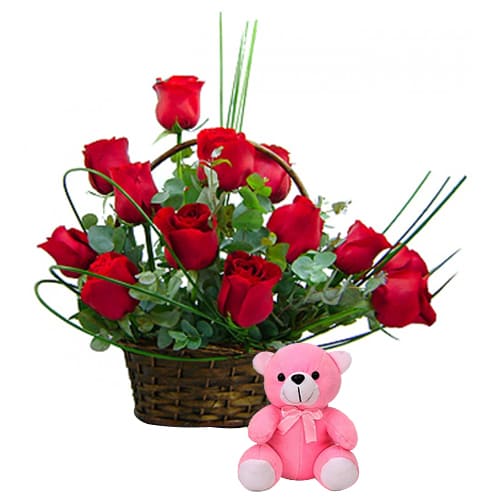 Attractive Floral Basket and Teddy Combo