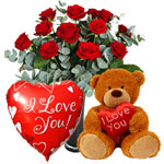 Red roses, small teddy bear, heart-shaped balloon