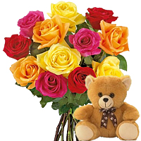 Multicolored Gerberas with Cuddly Teddy Bear