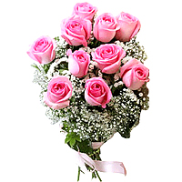 Exquisite Bouquet of 10 Romantic and Fabulously Adorable Pink Roses and Babys Breath Wrapped Sweetly in Pink and Red Ribbon