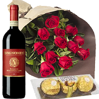 Sweet Arrangement of 12 Red Roses Bouquet with 3 Pcs. Ferrero Rocher and A Bottle of Wine