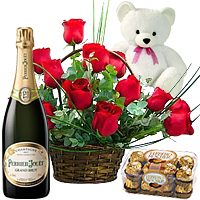 Blooming 12 Red Roses in basket with 16 Pcs. Ferrero Rocher Box, 8 Teddy Bear and A Bottle of Wine