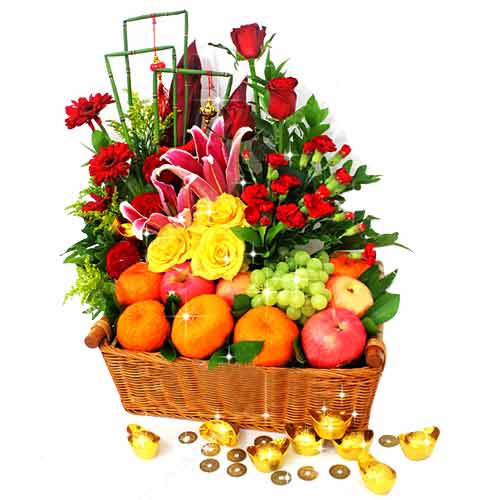 Classy Celebration Fruits Basket with Flower Arrangement