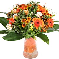 Positive and happy bouquet, which consists of chrysanthemums, orange gerbera, Su...