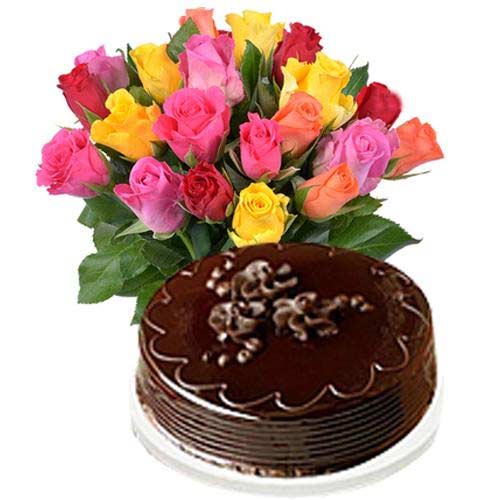 Regal Multicolored Roses and Cake in Chocolate Flavor