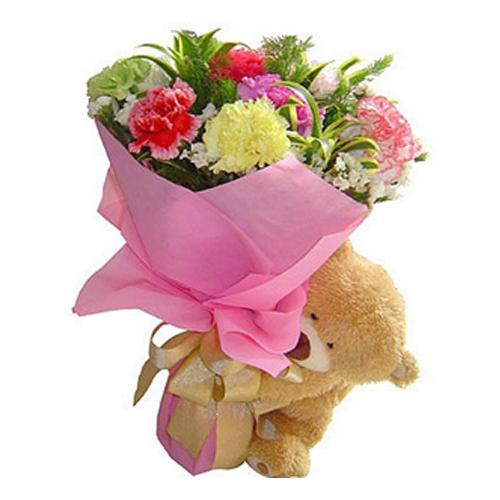 Dazzling Gift of Assorted Floral Bunch with Cute Teddy Bear