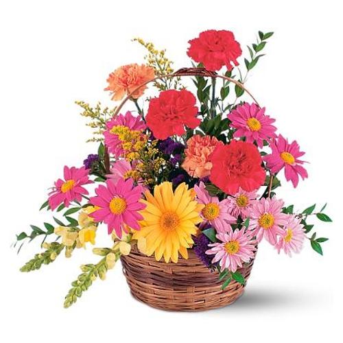 Eye-Catching Gift Basket of Mixed Shades of Flowers with Special Biscuits Pack