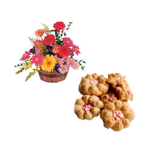 Basket Seasonal Flowers & Biscuits