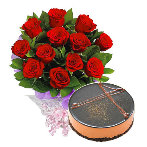 Classic Red Roses Bouquet with Belgian Chocolate Moose