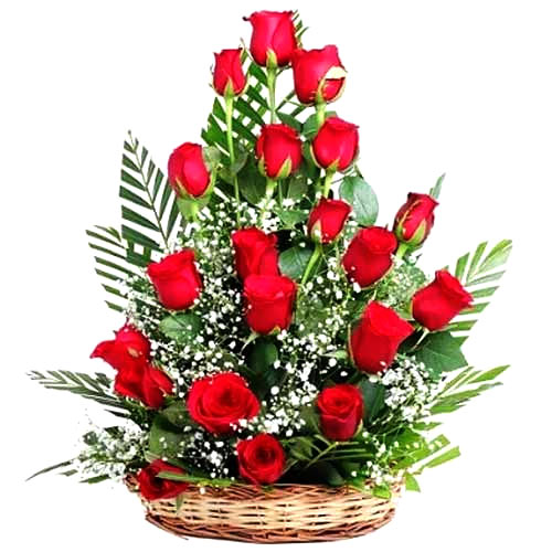 Blossoming Rose Basket of 18 Red Roses with Romantic Thrill  