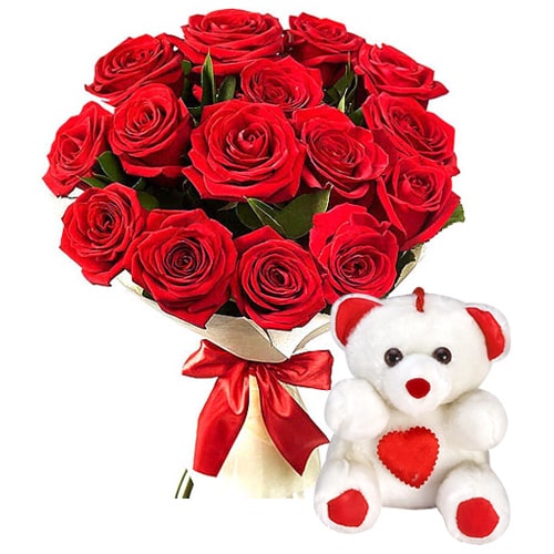 Charming 12 Gaudy Red Roses with an Adorable Teddy Bear