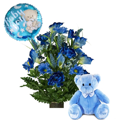 Teddy and Cheerful Balloon and Fresh Flowers